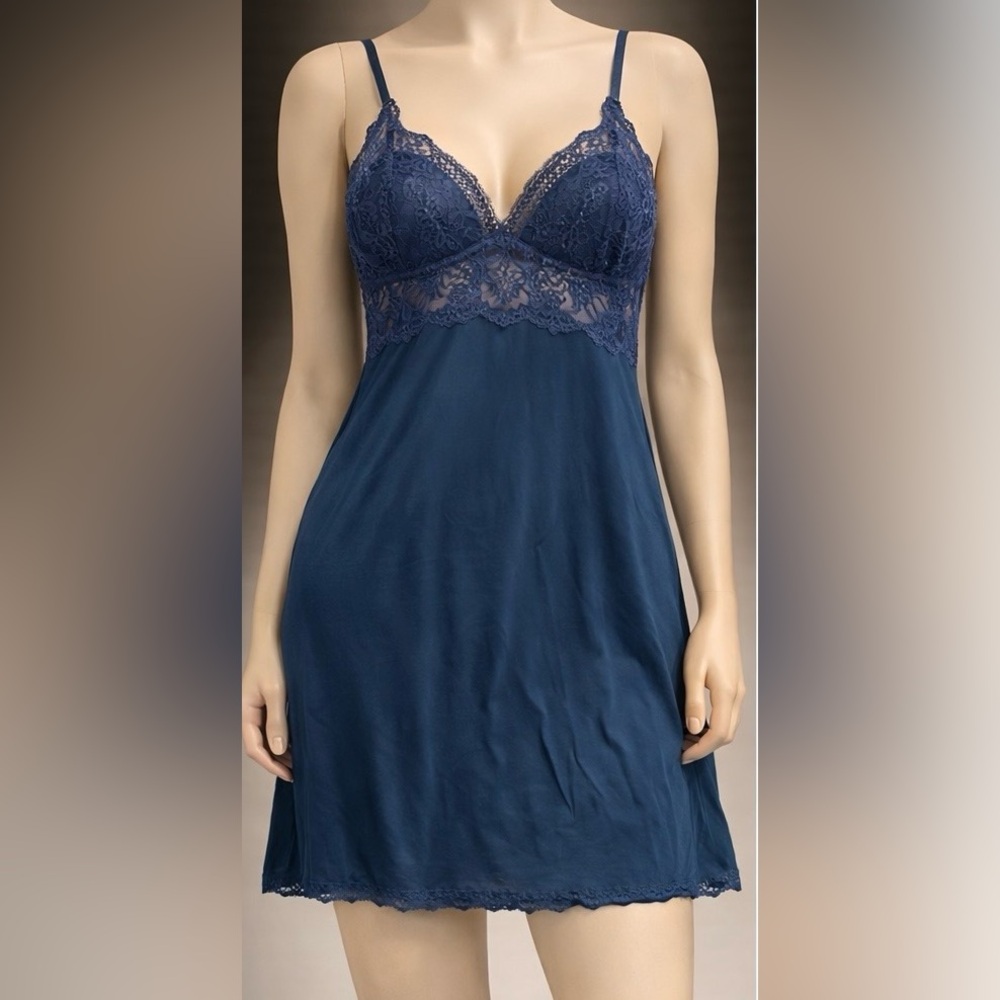 Navy Lace-Trim Chemise Slip
